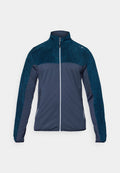 Dunkelblaue Jacke mit einem strukturierten oberem Abschnitt in Teal, langen Ärmeln und einem Frontreißverschluss. Verfügt über Seitentaschen und einen Stehkragen.