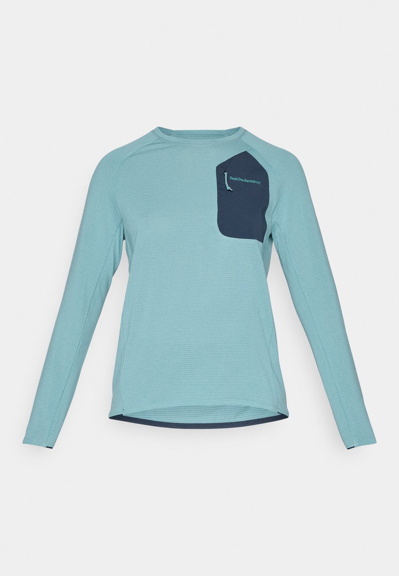 Langarmshirt aus hellblauem strukturiertem Stoff. Besitzt eine marineblaue Tasche mit Branding. Rundhalsausschnitt und abgerundeter Saum.