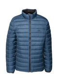 Blaue, gesteppte O'Neill-Jacke mit Frontreißverschluss, hohem Kragen und horizontalen Nähten an Ärmeln und Körper.