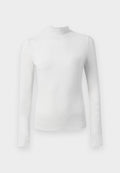 Weiße Langarm-Turtleneck-Oberteil aus einem strukturierten, schimmernden Stoff. Verfügt über einen figurbetonten Schnitt und einen hohen Kragen.
