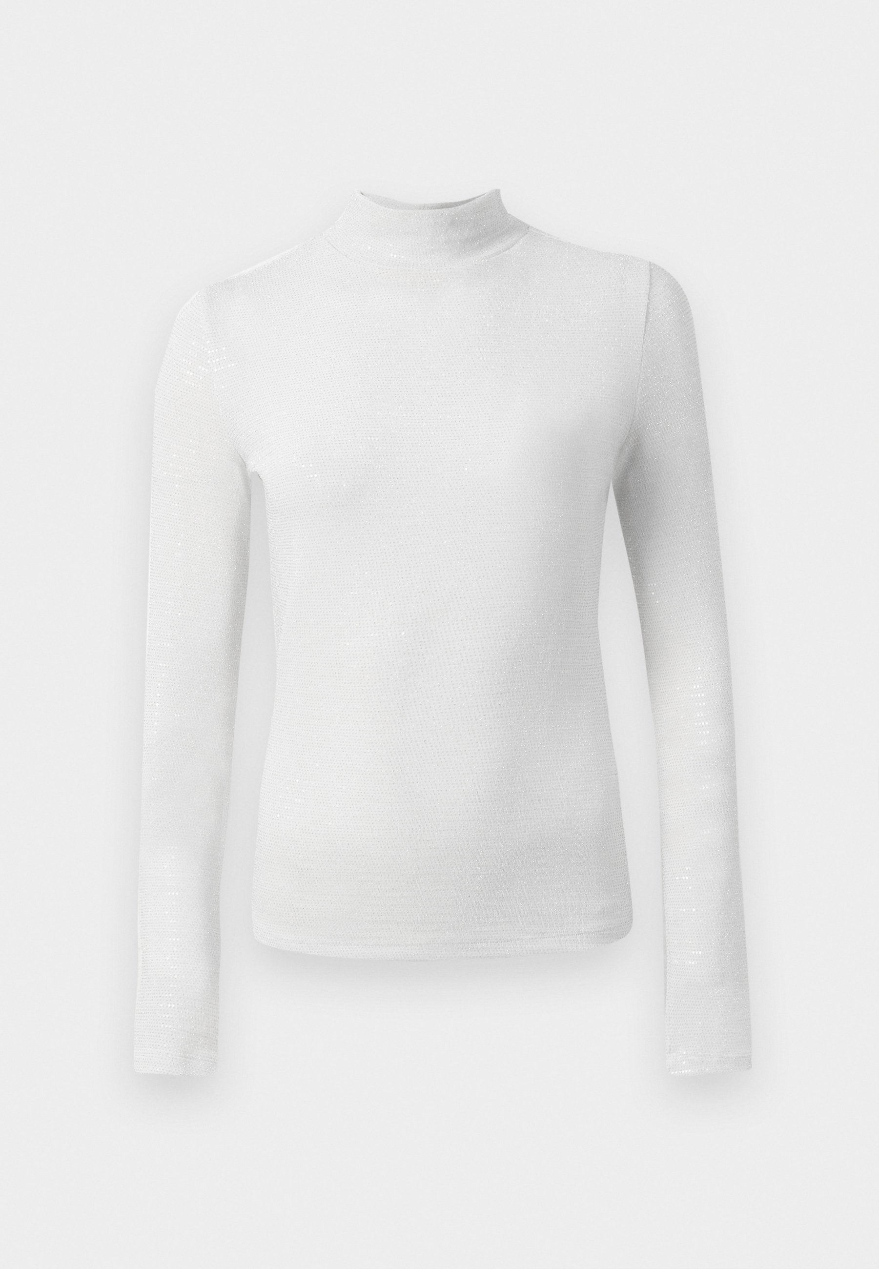 Weiße Langarm-Turtleneck-Oberteil aus einem strukturierten, schimmernden Stoff. Verfügt über einen figurbetonten Schnitt und einen hohen Kragen.