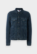 Dunkelblaues Denim-Jackett mit Knopfvorderseite, zwei Brustklappen Taschen mit Knöpfen und langen Ärmeln.
