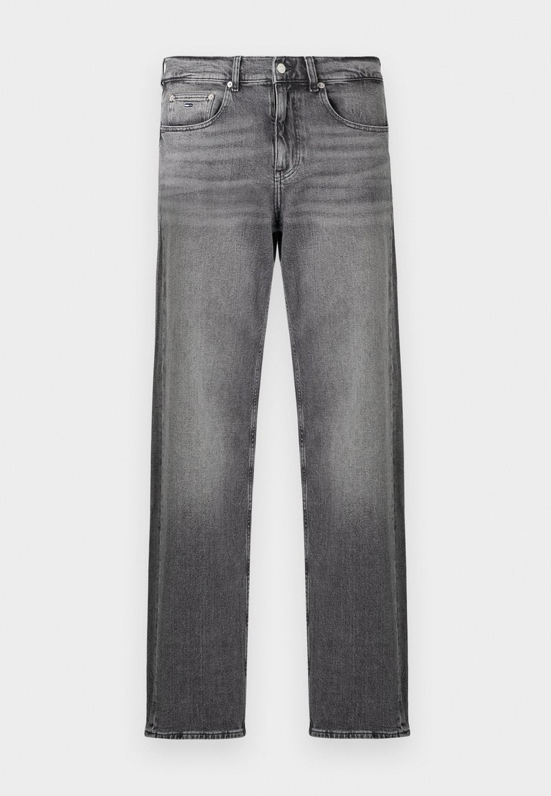 Graue Denim-Jeans mit geradem Schnitt, klassischem Fünf-Taschen-Design, frontaler Knopfverschluss und dezentem Verblassen.