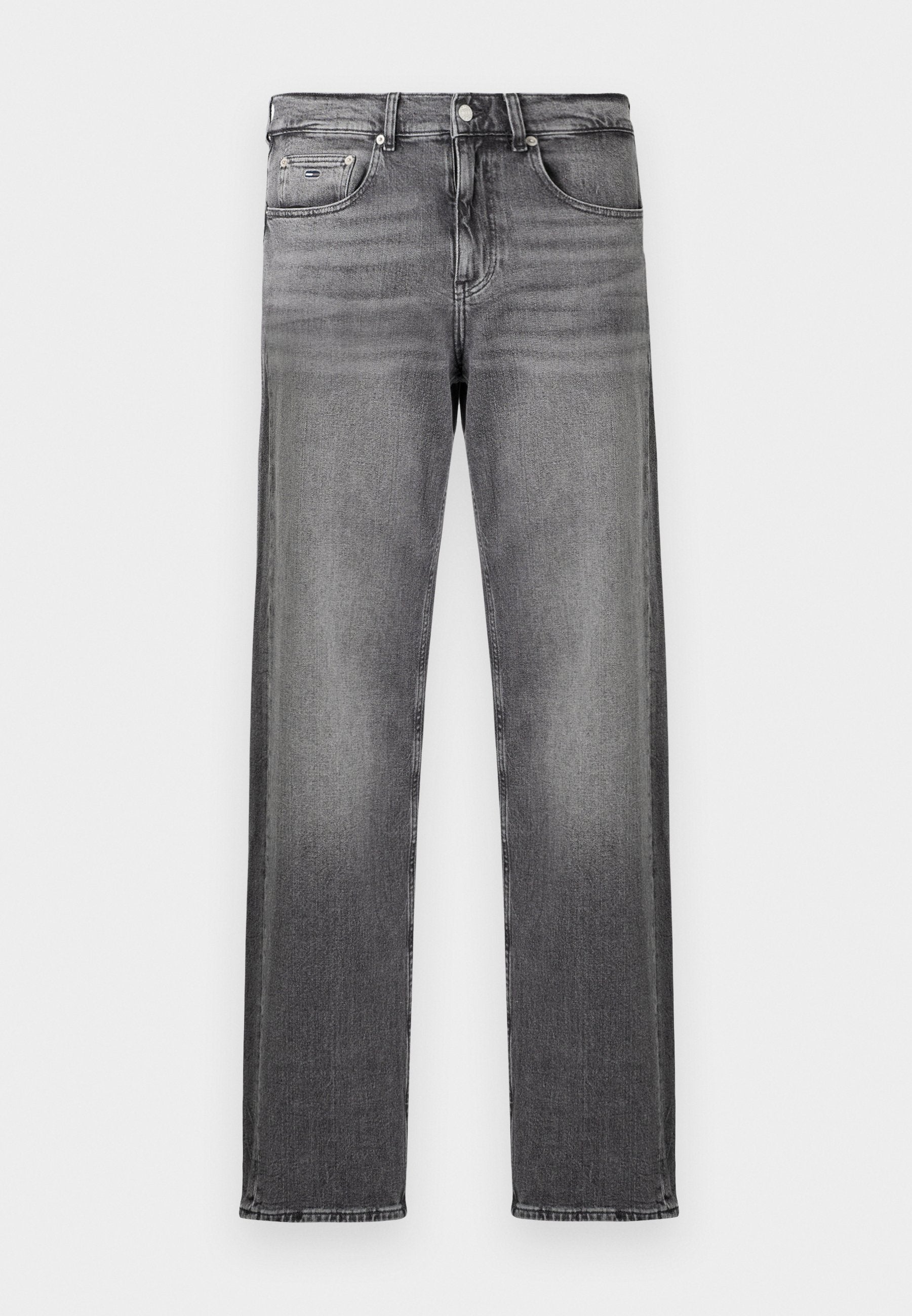 Graue Denim-Jeans mit geradem Schnitt, klassischem Fünf-Taschen-Design, frontaler Knopfverschluss und dezentem Verblassen.