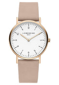 Runder weißer Ziffernblatt-Uhr mit goldfarbener Gehäuse, beigem Lederarmband, arabischen Ziffern und minimalistischen Stundenmarkierungen. Markenname angezeigt.