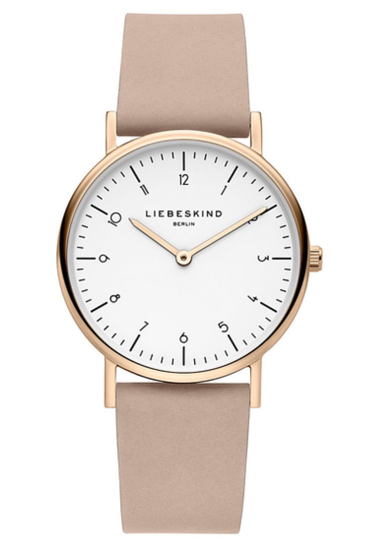 Runder weißer Ziffernblatt-Uhr mit goldfarbener Gehäuse, beigem Lederarmband, arabischen Ziffern und minimalistischen Stundenmarkierungen. Markenname angezeigt.