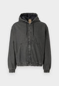 Grau denim Kapuzenjacke mit Reißverschluss, elastischen Bündchen und Saum. Verfügt über große Fronttaschen und ein gestepptes Innenfutter.