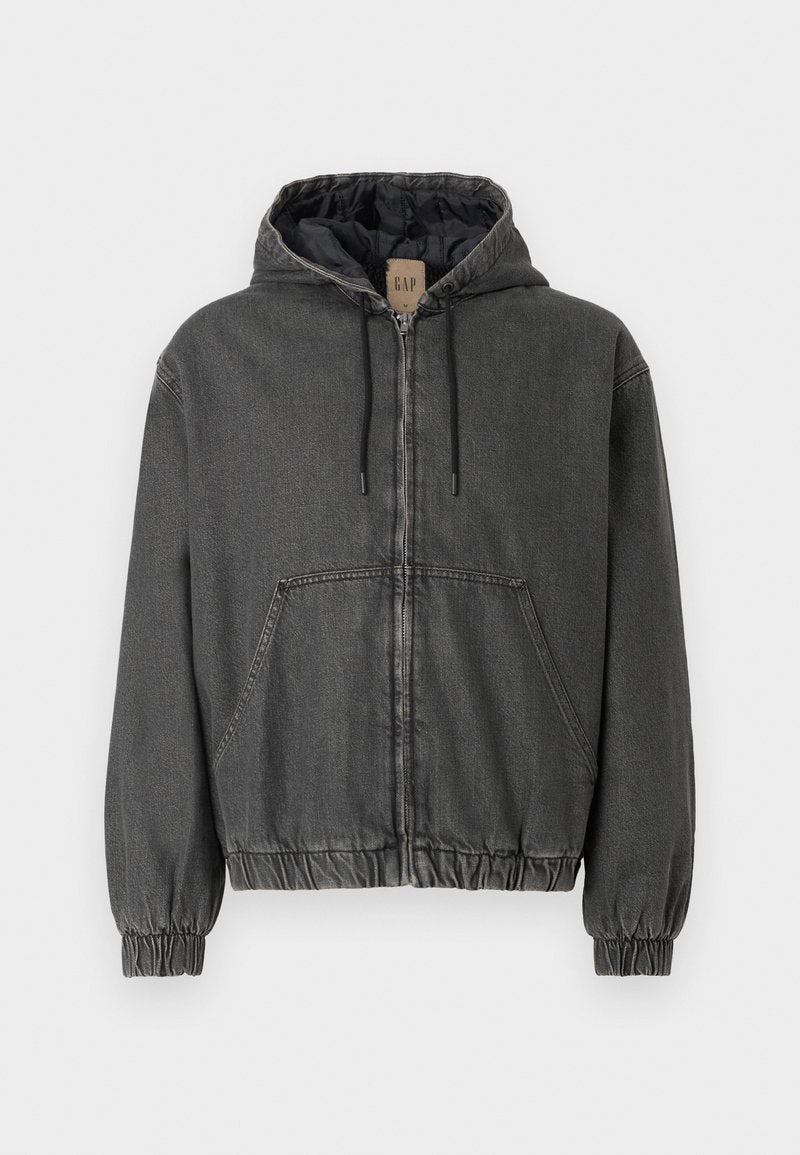 Grau denim Kapuzenjacke mit Reißverschluss, elastischen Bündchen und Saum. Verfügt über große Fronttaschen und ein gestepptes Innenfutter.