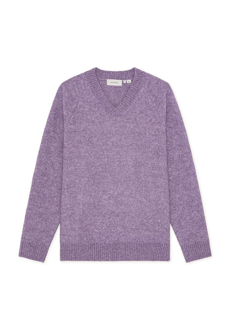 Lila V-Ausschnitt-Pullover aus weicher Wolle mit langen Ärmeln, gerippten Bündchen und Saum, einer strukturierten Oberfläche und Raglanärmel-Design.