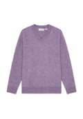 Lila V-Ausschnitt-Pullover aus weicher Wolle mit langen Ärmeln, gerippten Bündchen und Saum, einer strukturierten Oberfläche und Raglanärmel-Design.