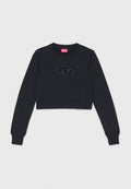 Schwarzer, verkürzter Sweatshirt aus weicher Baumwolle. Hat lange Ärmel, einen runden Ausschnitt und ein strukturiertes Logo in der Mitte.