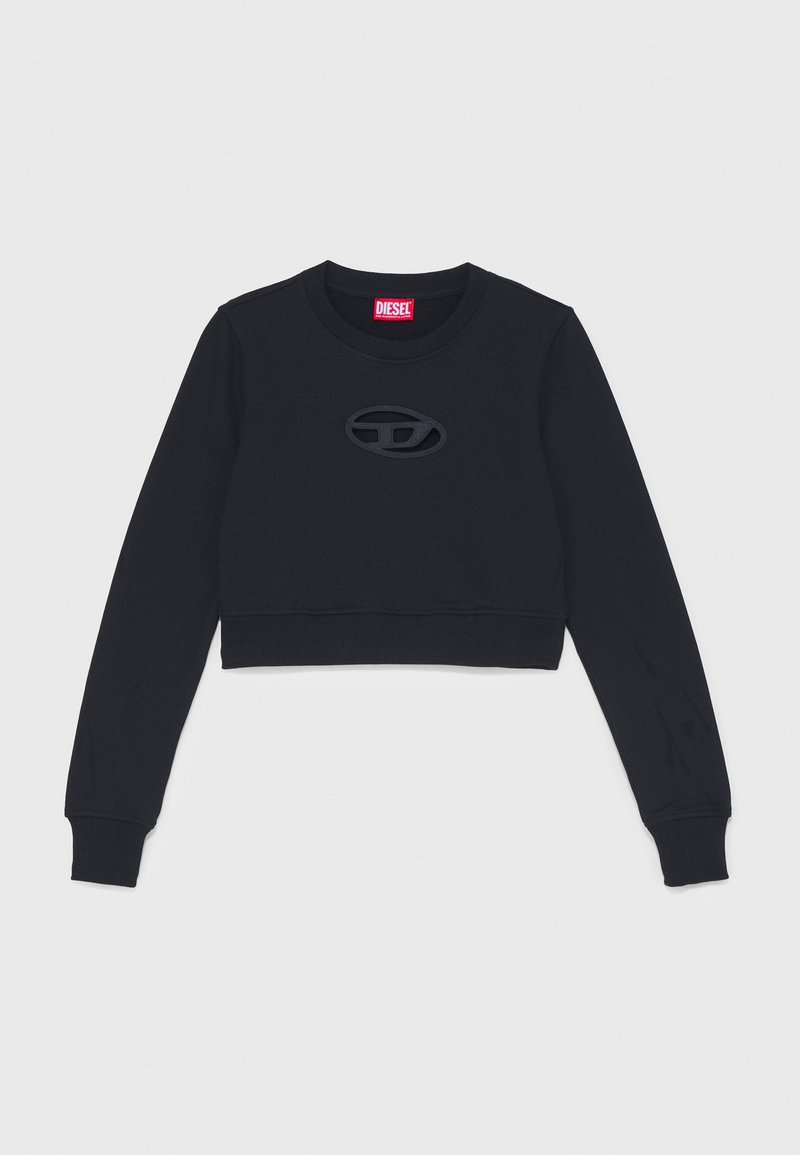 Schwarzer, verkürzter Sweatshirt aus weicher Baumwolle. Hat lange Ärmel, einen runden Ausschnitt und ein strukturiertes Logo in der Mitte.