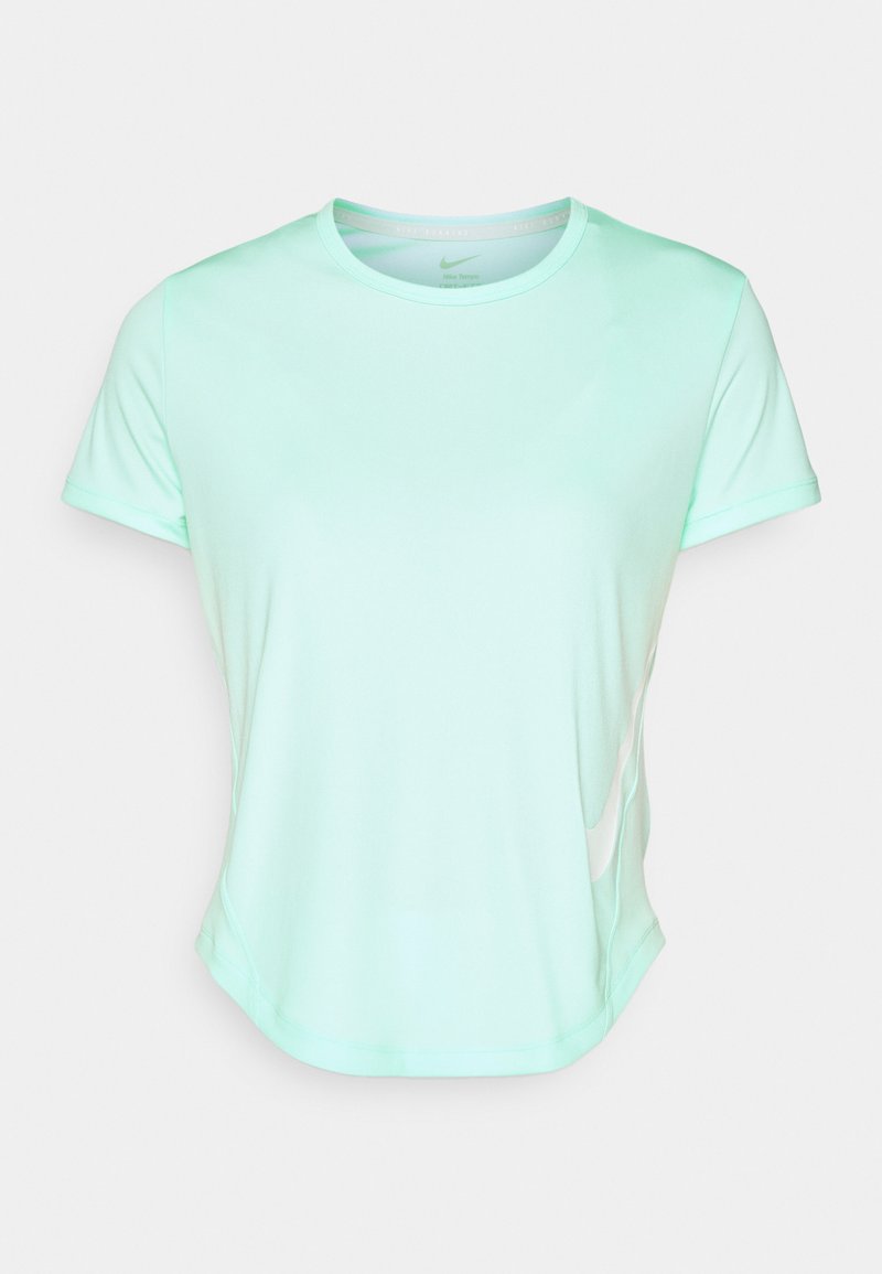 Mintgrünes, kurzärmliges Sport-T-Shirt, glattes Material mit Rundhalsausschnitt und subtilen Nike-Logo an der Seite. Leicht abgerundeter Saum.
