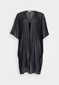 Schwarzer transparenter Kimono mit weiten Ärmeln, offenem Vorderteil und fließendem Design. Leichter Stoff mit strukturierter Optik. Keine Verzierungen.