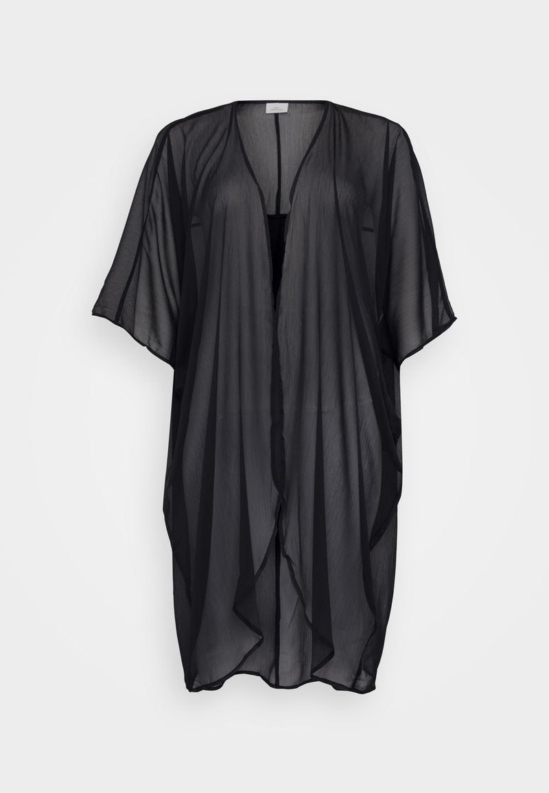 Schwarzer transparenter Kimono mit weiten Ärmeln, offenem Vorderteil und fließendem Design. Leichter Stoff mit strukturierter Optik. Keine Verzierungen.