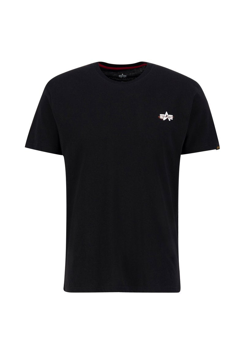 Schwarzes Baumwoll-T-Shirt mit Rundhalsausschnitt. Verfügt über ein kleines, gesticktes Logo in Weiß und Rot auf der linken Brust. Kurze Ärmel, normale Passform.