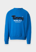 Blaues Sweatshirt mit Rundhalsausschnitt, das ein strukturiertes schwarz-weißes "Tommy JEANS, N.Y."-Logo auf der Vorderseite sowie gerippte Bündchen und Säume aufweist.