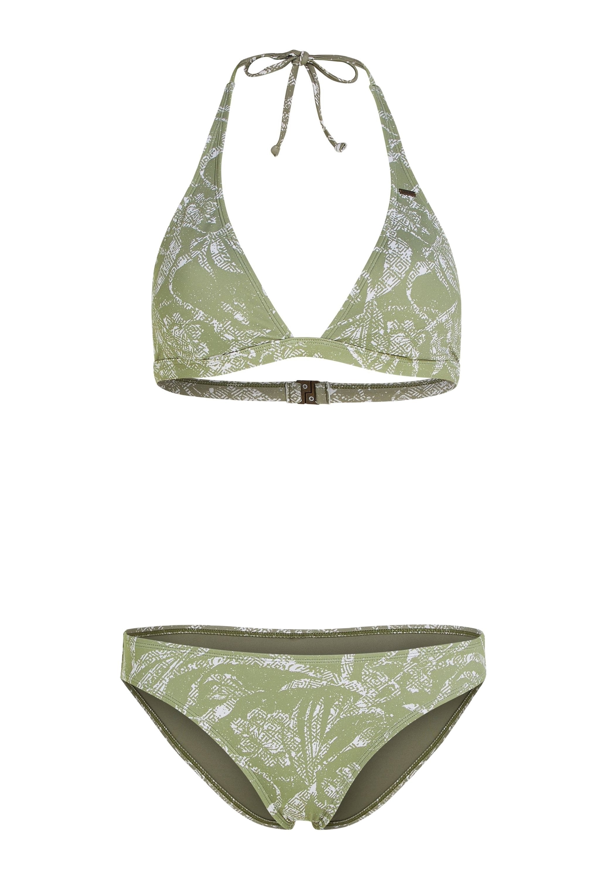 Grüner Bikini-Oberteil mit Halsband und dreieckigen Cups, dazu passender Slip im gleichen Design. Weicher Stoff, leichtes Material.
