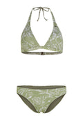 Grüner Bikini-Oberteil mit Halsband und dreieckigen Cups, dazu passender Slip im gleichen Design. Weicher Stoff, leichtes Material.