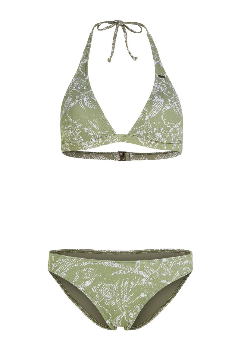 Grüner Bikini-Oberteil mit Halsband und dreieckigen Cups, dazu passender Slip im gleichen Design. Weicher Stoff, leichtes Material.
