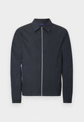 Marineblaue leichte Jacke mit durchgehendem silbernem Reißverschluss vorne, klassischem Kragen, langen Ärmeln, elastischen Bündchen und Seitentaschen.