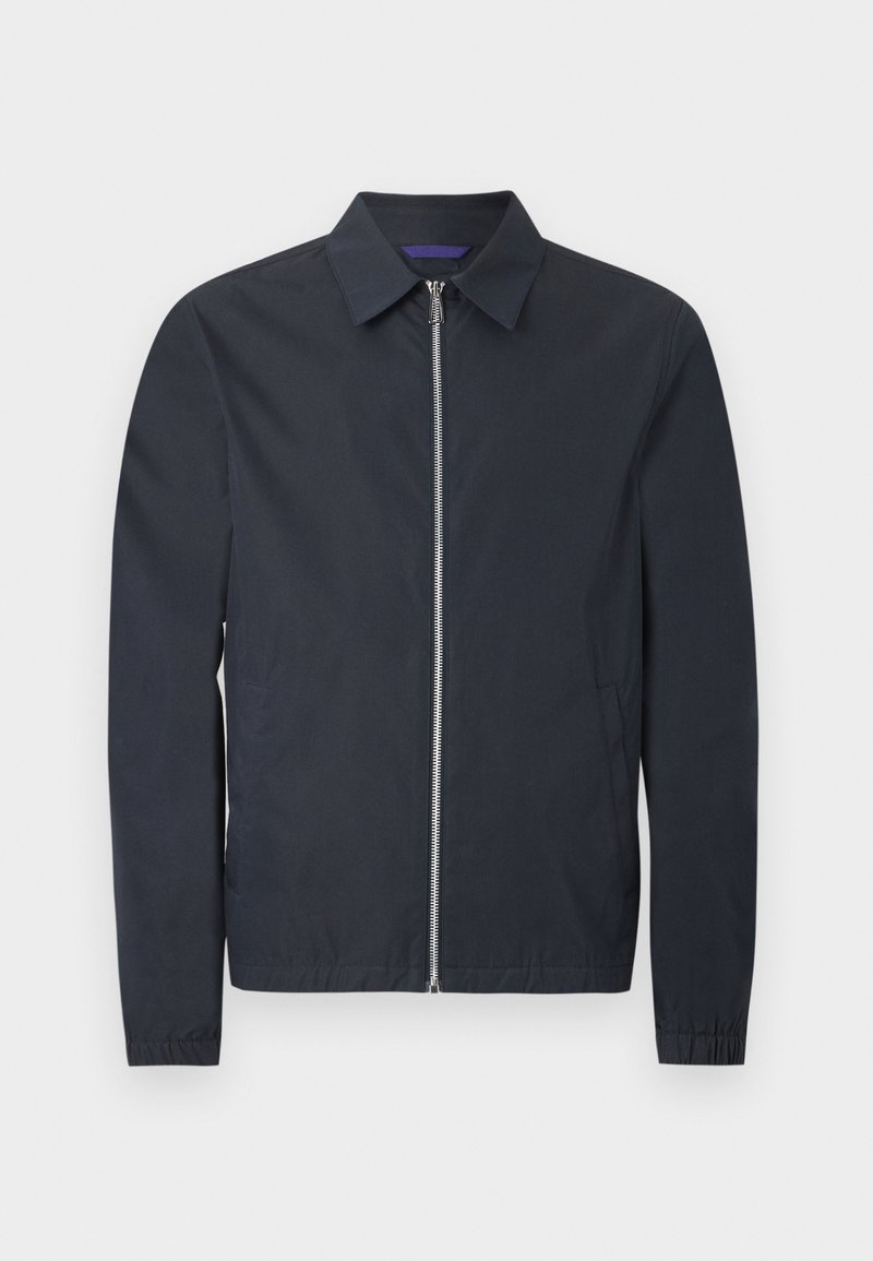 Marineblaue leichte Jacke mit durchgehendem silbernem Reißverschluss vorne, klassischem Kragen, langen Ärmeln, elastischen Bündchen und Seitentaschen.