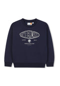 Marineblaues Sweatshirt aus weichem Baumwollmaterial, mit einem großen weißen "TIMBERLAND"-Logo und einem Baumemblem, Rundhalsausschnitt und gerippten Bündchen.