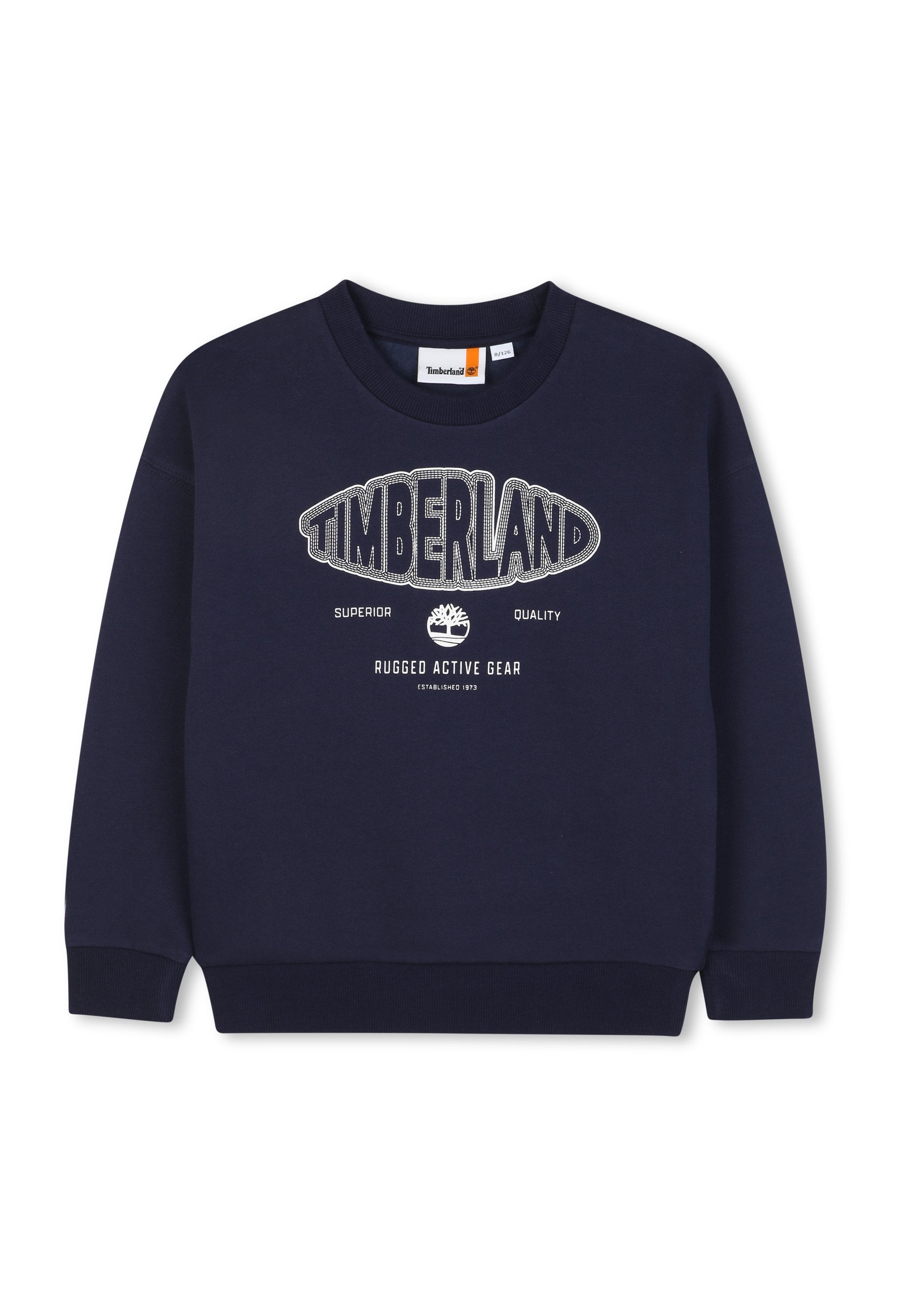 Marineblaues Sweatshirt aus weichem Baumwollmaterial, mit einem großen weißen "TIMBERLAND"-Logo und einem Baumemblem, Rundhalsausschnitt und gerippten Bündchen.