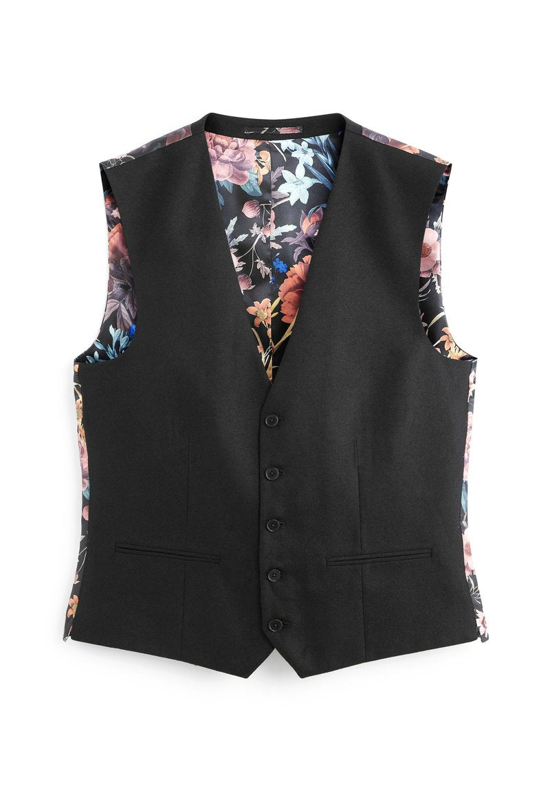 Schwarze Weste mit V-Ausschnitt-Design, die ein blumenmustergefüttertes Innenfutter in verschiedenen Tönen von Rosa, Blau und Grün aufweist. Fünf schwarze Knöpfe und zwei Fronttaschen.