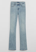Hellblaue Flared-Jeans aus Denim mit hoher Taille, ausgestattet mit Gürtelschlaufen, Vordertaschen und einem ausgewaschenen Waschungseffekt.