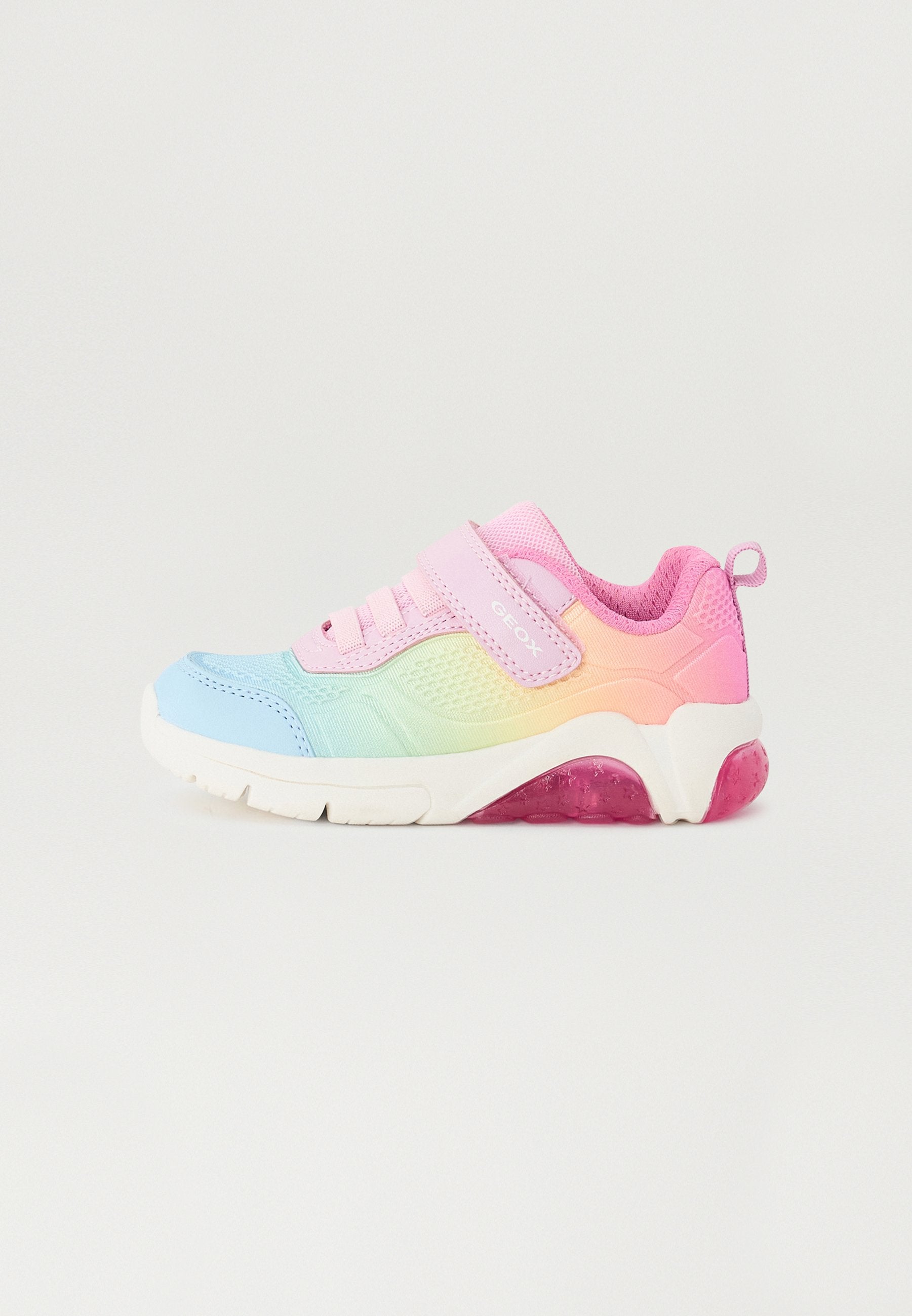 Bunte Sneaker mit einem Farbverlauf-Design in Blau, Grün, Gelb und Pink. Ausgestattet mit einem Klettverschluss und einer texturierten, gepolsterten Sohle.