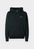 Dunkelgrüner Hoodie aus weichem Stoff, mit einer Vordertasche und gerippten Bündchen sowie Saum. Kleines weißes Logo auf der Brust.