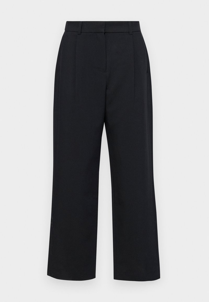 Schwarze weit geschnittene Hose aus glattem Stoff. Verfügt über einen flachen Taillenbund, Gürtelschlaufen und zwei vordere Falten für einen maßgeschneiderten Look.