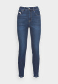 Dunkelblaue hoch taillierte Skinny Jeans mit Frontknopf, Reißverschluss und fünf Taschen mit Kontrastnähten auf weißem Hintergrund.