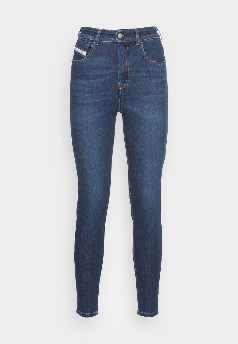 Dunkelblaue hoch taillierte Skinny Jeans mit Frontknopf, Reißverschluss und fünf Taschen mit Kontrastnähten auf weißem Hintergrund.