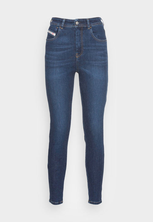 Dunkelblaue hoch taillierte Skinny Jeans mit Frontknopf, Reißverschluss und fünf Taschen mit Kontrastnähten auf weißem Hintergrund.