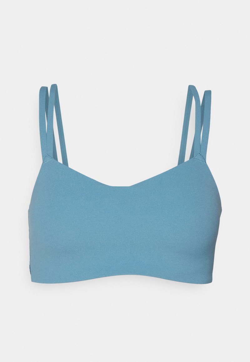 Helle blaue Bralette mit glatter Textur, ausgestattet mit zwei dünnen, verstellbaren Trägern und einem schlichten, nahtlosen Design. Ohne Polsterung oder Verzierungen.