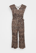 Leopardenmuster-Jumpsuit aus leichtem Material; verfügt über ein Wickeldesign, kurze Ärmel und eine taillierte Taille mit einer Bindeschleife sowie weit ausgestellten Beinen.