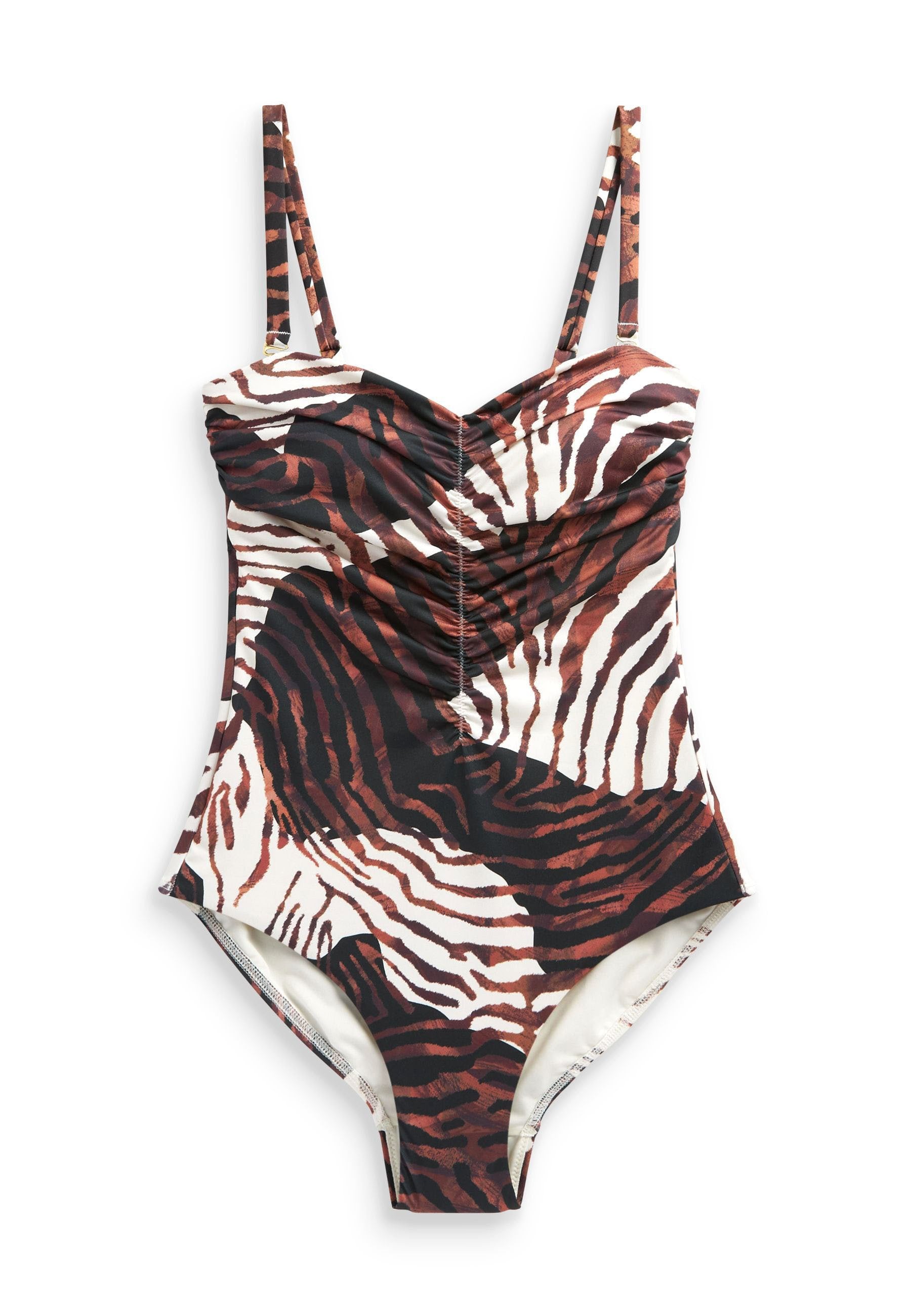 Einteiliger Badeanzug mit einem Tigerstreifenmuster in Braun, Schwarz und Creme, mit gerafften Details und verstellbaren Schulterträgern.