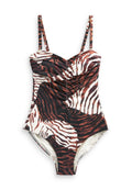 Einteiliger Badeanzug mit einem Tigerstreifenmuster in Braun, Schwarz und Creme, mit gerafften Details und verstellbaren Schulterträgern.