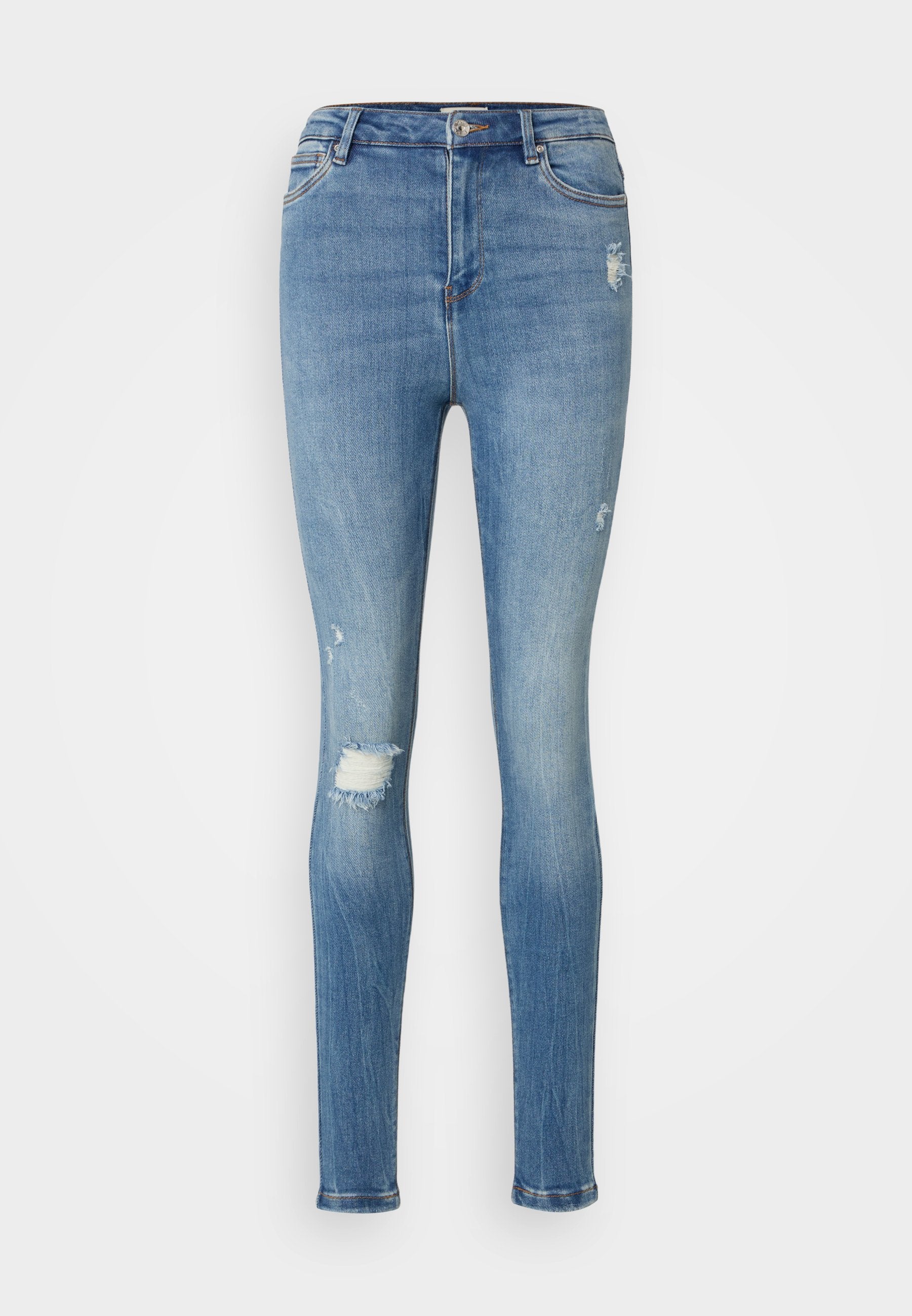 Schmale blaue Denim-Jeans mit einem verblassten Waschlook, mit distressed Details, einer mittelhohen Taille und Fronttaschen. Klassisches Fünf-Taschen-Design.