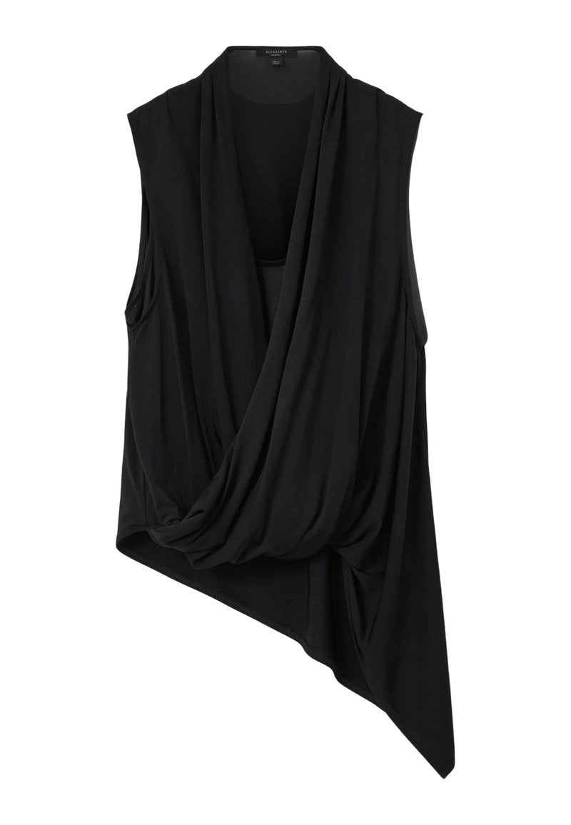Schwarzes ärmelloses Top mit drapiertem Design, das eine vordere Drehung und einen asymmetrischen Saum aufweist. Hergestellt aus leichtem, glattem Stoff.