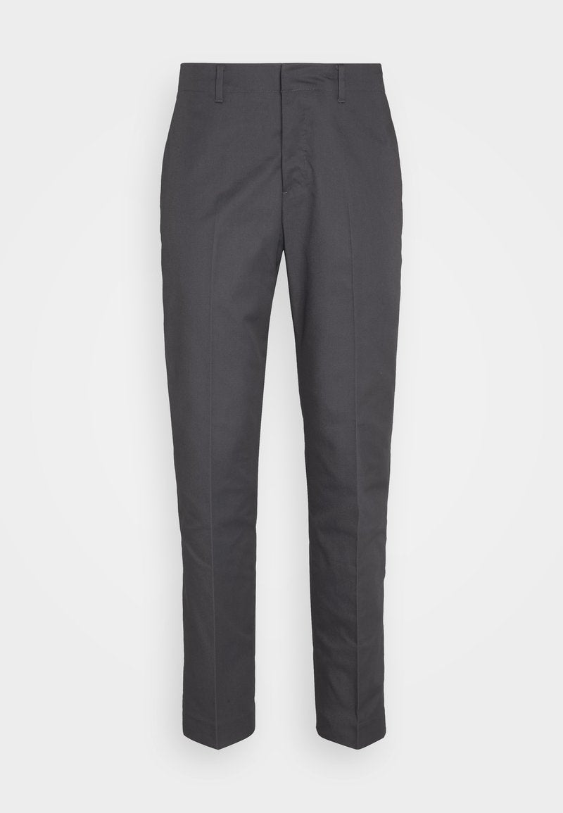 Graue Hose mit geradem Bein, aus glattem Stoff gefertigt, mit Gürtelschlaufen und einem klaren Frontdesign, geeignet für formelle oder legere Anlässe.