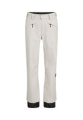 Helle beige Skihosen mit verstärkten Knien, Reißverschlusstaschen und schwarzen elastischen Bündchen. Hergestellt aus wasserdichtem Material für Outdoor-Aktivitäten.