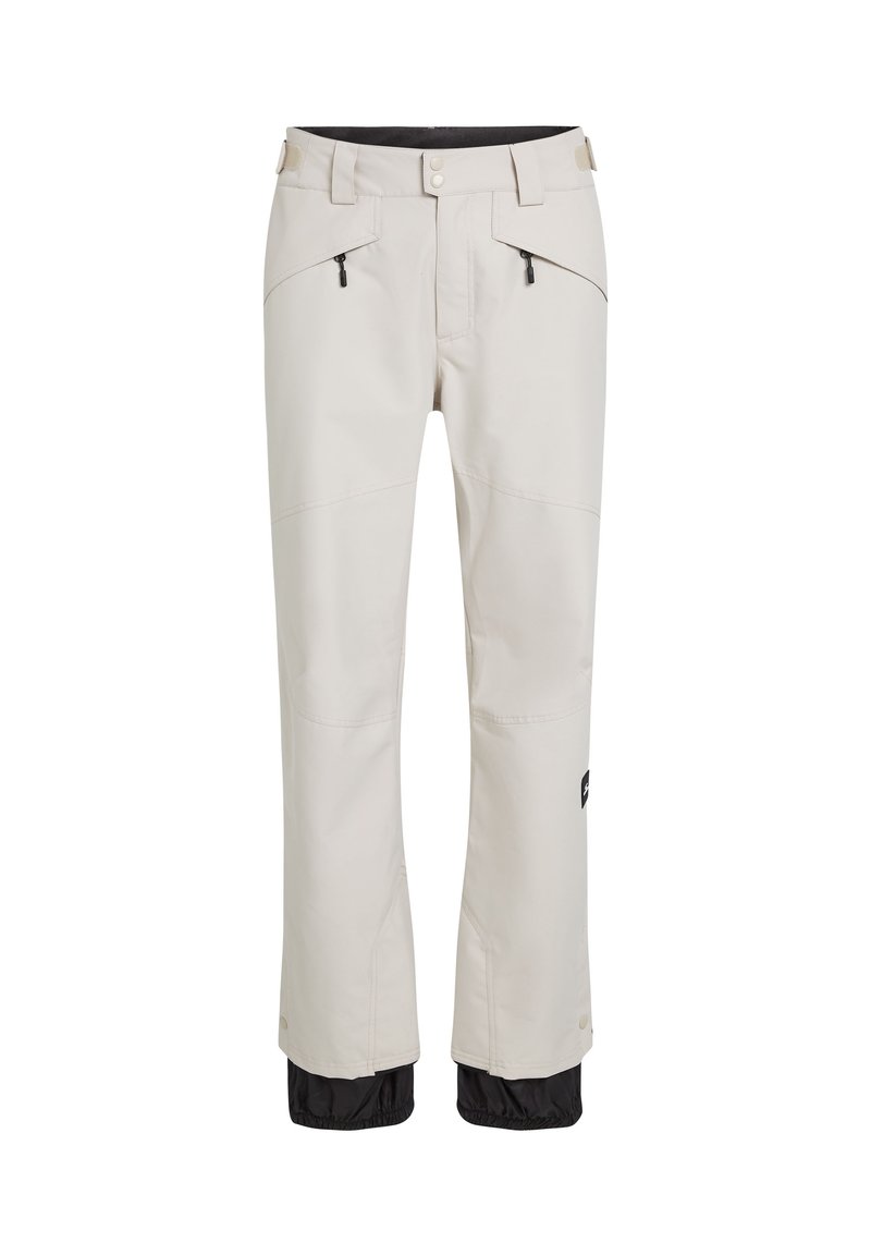 Helle beige Skihosen mit verstärkten Knien, Reißverschlusstaschen und schwarzen elastischen Bündchen. Hergestellt aus wasserdichtem Material für Outdoor-Aktivitäten.