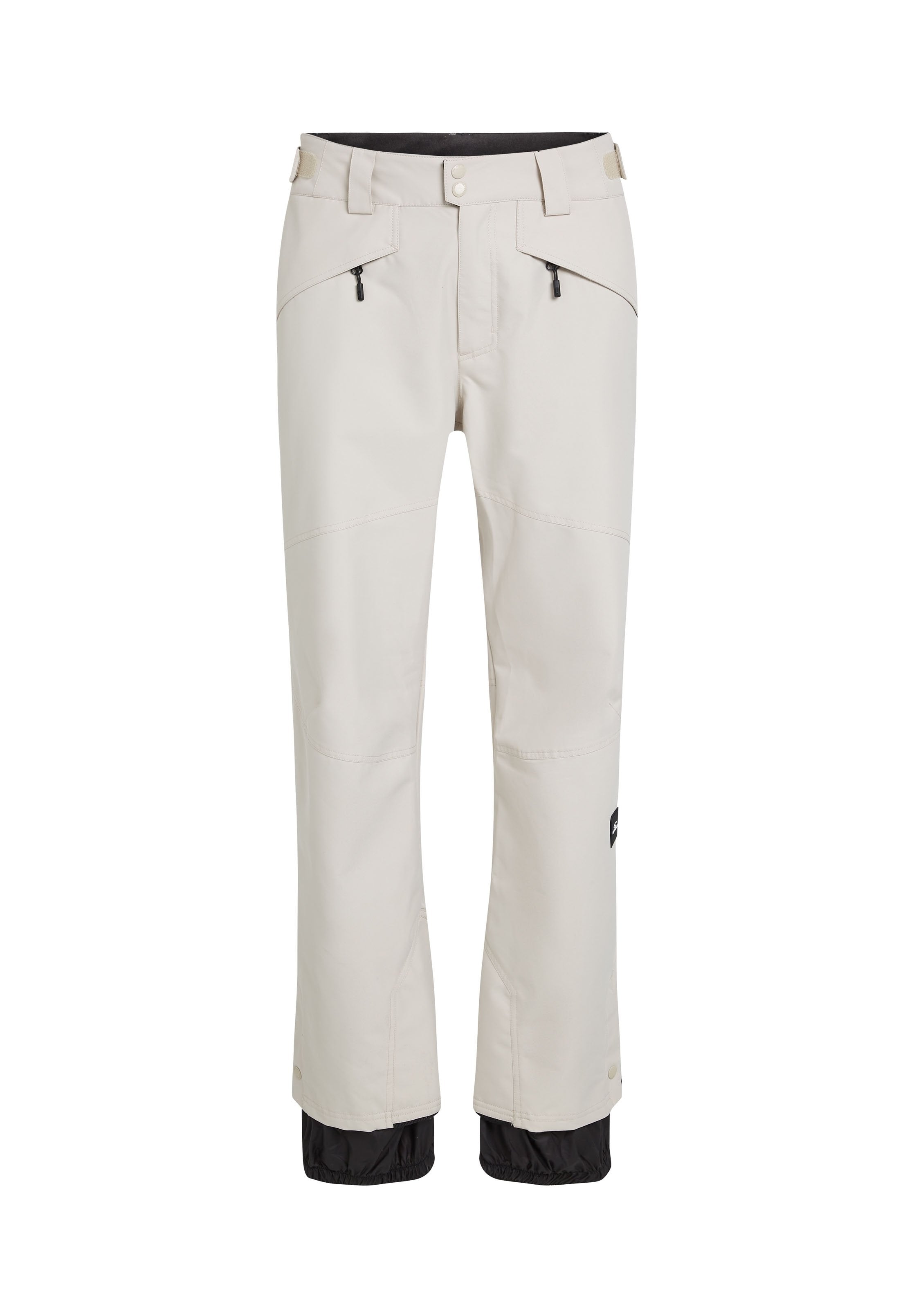 Helle beige Skihosen mit verstärkten Knien, Reißverschlusstaschen und schwarzen elastischen Bündchen. Hergestellt aus wasserdichtem Material für Outdoor-Aktivitäten.