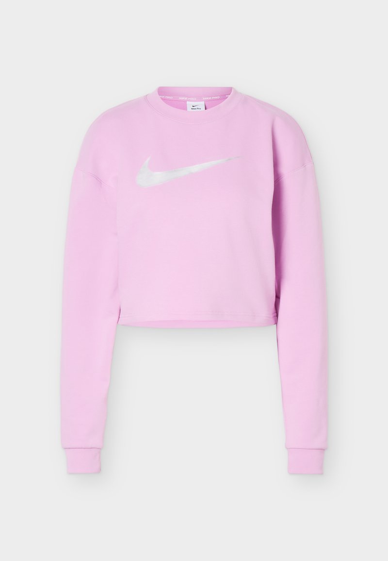 Hellvioletter Cropped-Sweatshirt mit langen Ärmeln und einem weißen Nike Swoosh-Logo mittig auf der Brust.