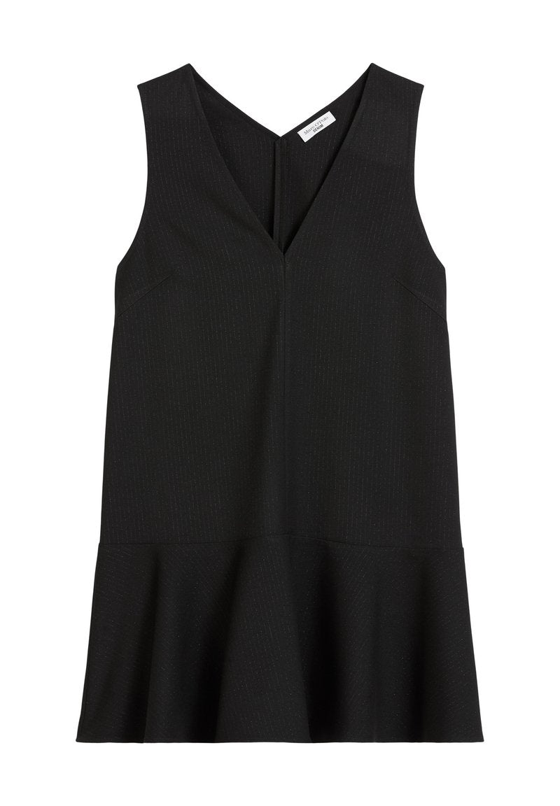 Schwarzes ärmelloses Kleid mit V-Ausschnitt, das einen ausladenden Saum und subtile Nadelstreifen aufweist. Hergestellt aus glattem Material mit taillierter Passform.