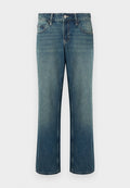 Blaue Jeans aus Denim mit geradem Schnitt, mittlerer Bundhöhe, fünf Taschen und dezentem Used-Look. Mit Knopfverschluss und Gürtelschlaufen.