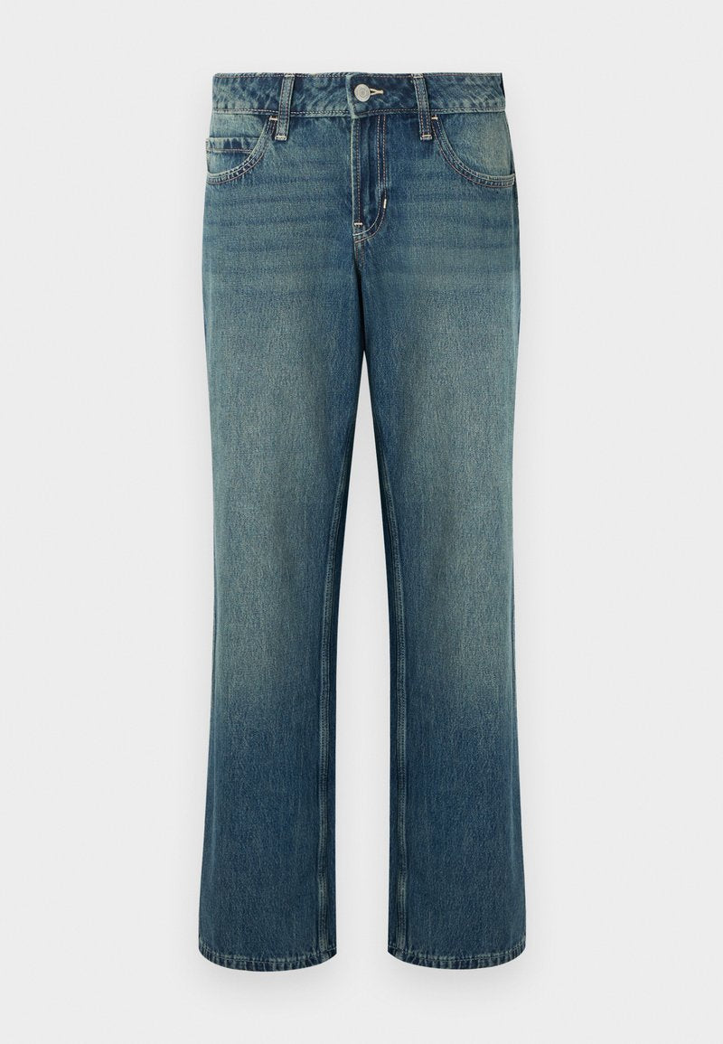Blaue Jeans aus Denim mit geradem Schnitt, mittlerer Bundhöhe, fünf Taschen und dezentem Used-Look. Mit Knopfverschluss und Gürtelschlaufen.